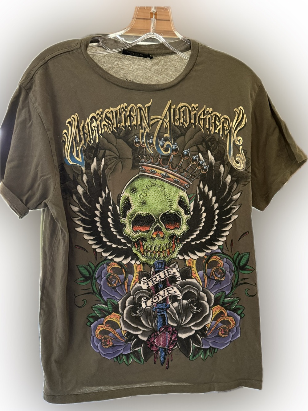 VINTAGE Christian Audigier Olive Green Skull & Wing Graphic Tee Rhinestoned! XL
